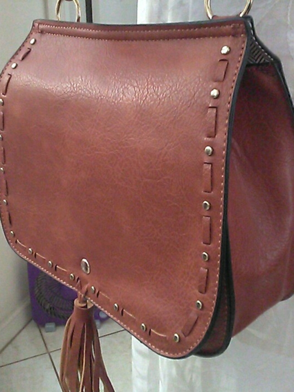 NWOT FAUX LEATHER BOHO Brown Crossbody Bag W/Tassel DECORATED  GUITAR STRAP - Picture 3 of 9